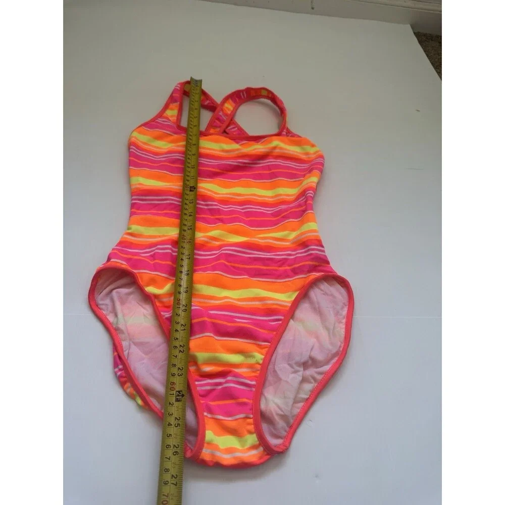 Willow Sport Girls One Piece Swimsuit Neon Pink Orange Stripe Size 10